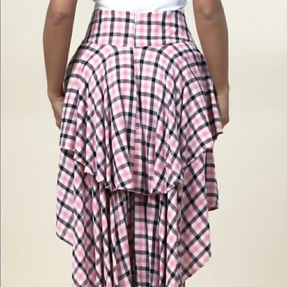Coral Plaid High Low Skirt